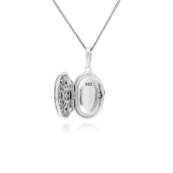 214N716203925 Art Nouveau Style Oval Sapphire & Marcasite Locket Necklace in 925 Sterling Silver 3