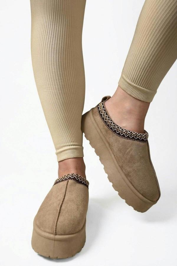 Jolene Aztec Detail Low Ankle Platform Slipper Boots - Camel_wb