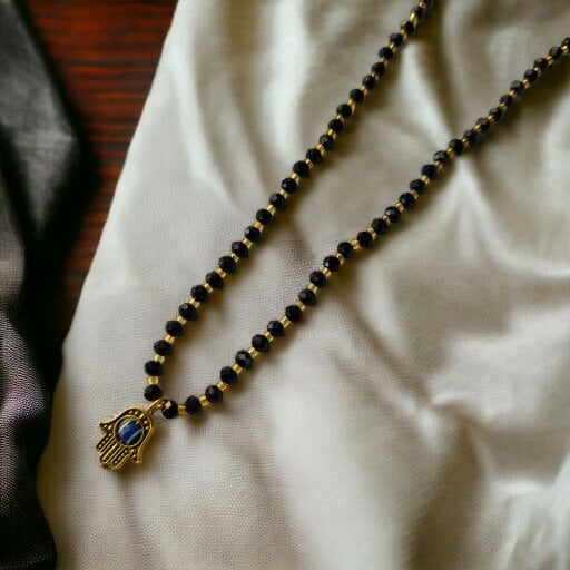 The Colourful Aura Black Crystal Gold Beaded Hamsa Mangalsutra Pendant Elegant Necklace