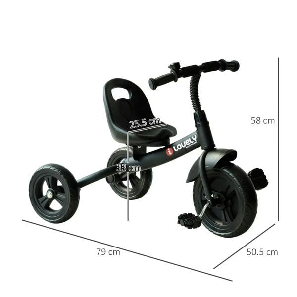 Black kids tricycle with measured dimensions: seat height and wheel size shown