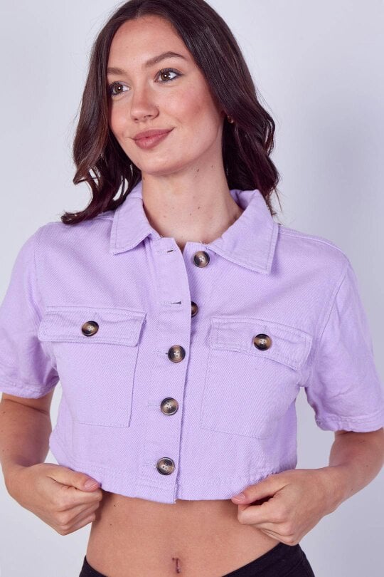 Lilac Cropped Denim Button-Up Top