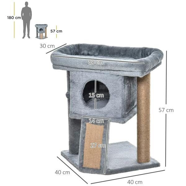 Grey cat scratching tower with top bed, cubby doorway, and sisal scratching pad