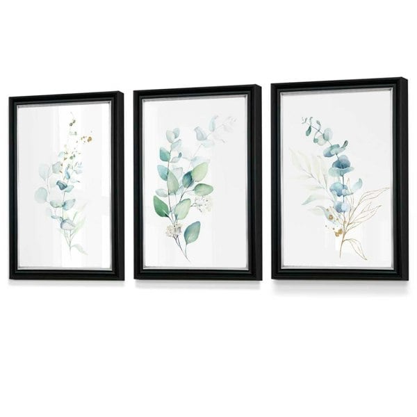 Artze Wall Art Set of 3 Framed Eucalyptus Blue Green and Gold Splash Prints