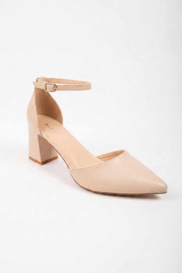 Saoirse Pointed Toe Ankle Strap Heels - Beige