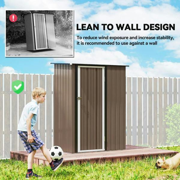 Brown metal garden storage shed with front door and vertical panel siding on base