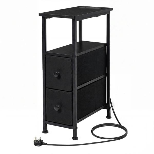 Levede Bedside Table Narrow Side Table with LED Charging Station Storage Black