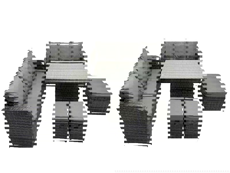 Fimous Rattan Garden Furniture Dining Set 9 seater Patio Height Adjustable Rising Lifting Table Sofa Set with 3 Footstools Dark Grey Mixed