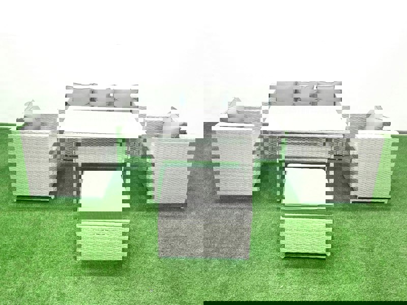 Fimous Garden Dining Set Outdoor Rattan Furniture Set with Sofa Dining Table 2 Chairs Big Footstool Light Grey Mixed
