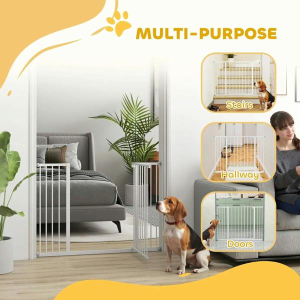 White pet safety gate with multi-purpose usage panels for stairs, hallway, and doors