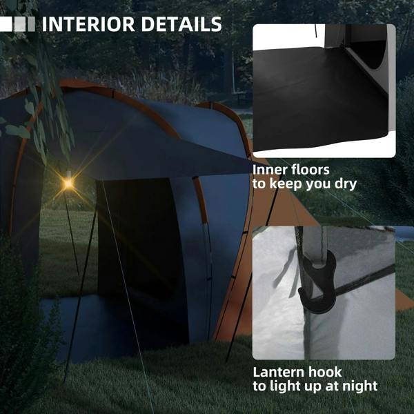 Tunnel tent interior with dark mesh panels, lantern hook, and inner floor area