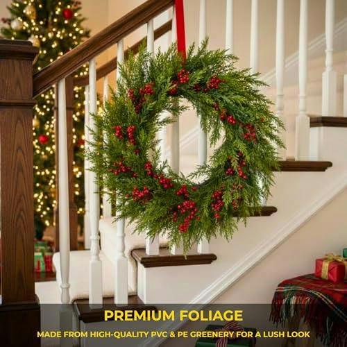 24 Inch Pine Needle Christmas Wreath with Red Berries for Indoor and Sheltered Outdoor Display image 5