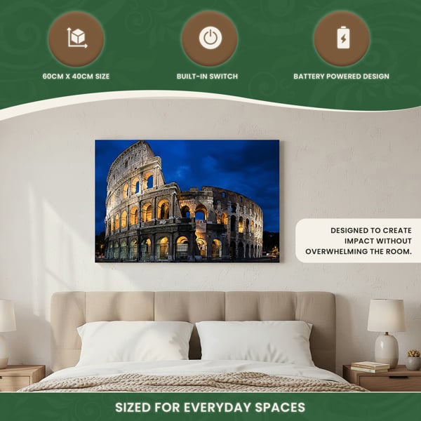 Roman Coliseum Print LED Canvas, 60 x 40 cm, Stretched Wooden Frame, 6 LED Lights in the Arches, Battery Powered with Switch