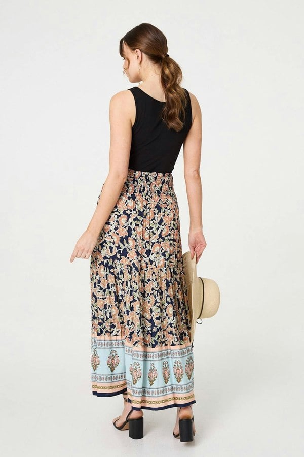 Navy | Floral Print High Waist Maxi Skirt
