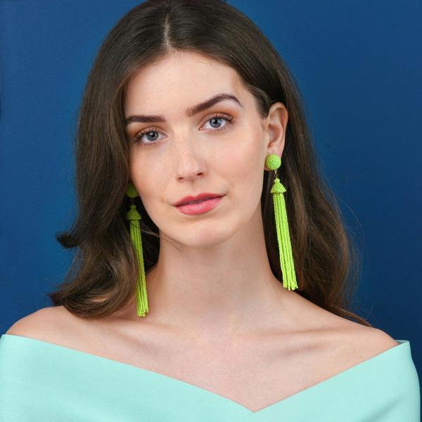 Zavana Long Bright Green Beaded Tassel Earrings for Women