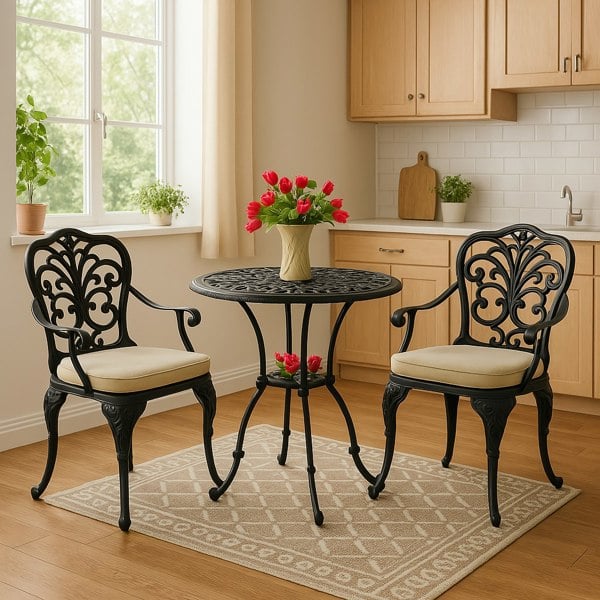 Centurion Supports BANGUI Black Garden and Patio Table and 2 Chairs Cast Aluminium Bistro Set