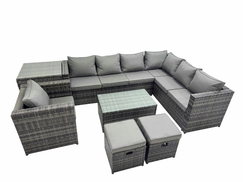 Fimous Patio Sofa Oblong Coffee Table Set Rattan Garden Furniture Set with Chair Side Table Dark Grey Mixed
