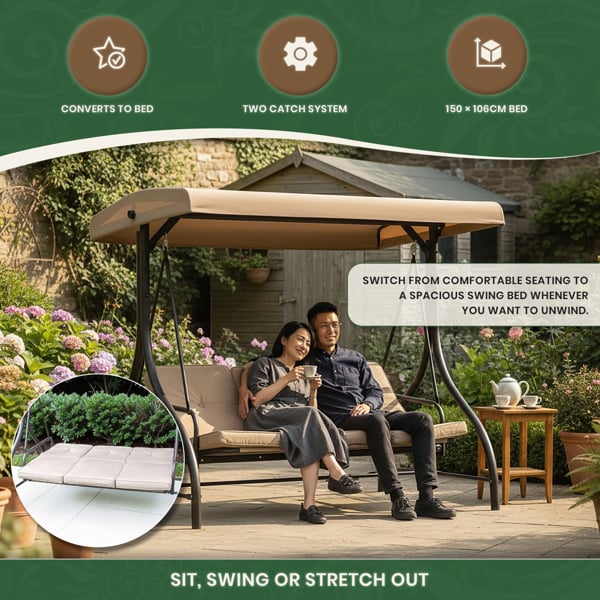 Heavy Duty Garden 3 Seater Swing Seat and Hammock Bed with Canopy, Steel Frame and Textaline Base, Thick Shower Proof Cushions