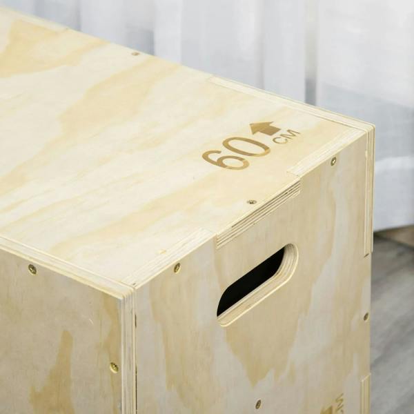 Natural wooden plyometric jump box top with 68 cm marking and oval handle cutout