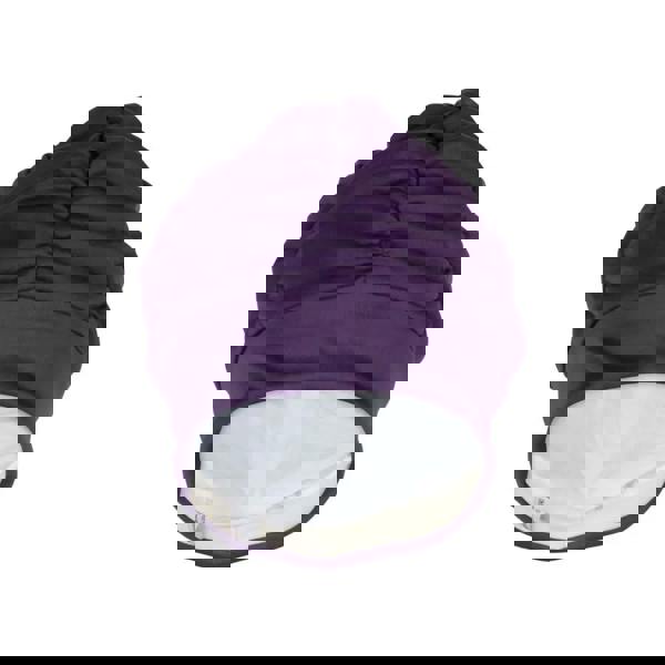 Purple pleated fabric swim cap with quilted baby swaddle design