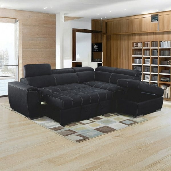Furnishings For Less Nevada Black Suede Corner Sofa Bed Tilting Headrest + Storage Ottoman