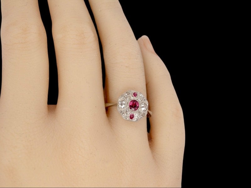 Vintage Tom A fine Art Deco Ruby and Diamond ring