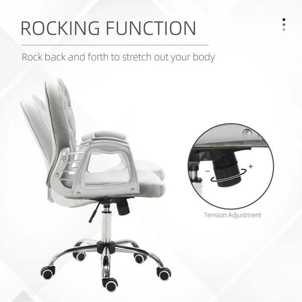 Grey velvet office chair with rocking function and chrome pedestal base