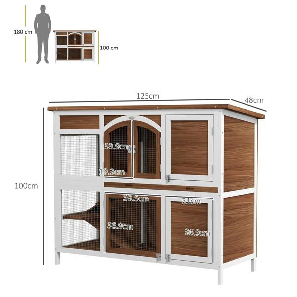 Two-tier wooden pet hutch with arched roof opening and front door sections