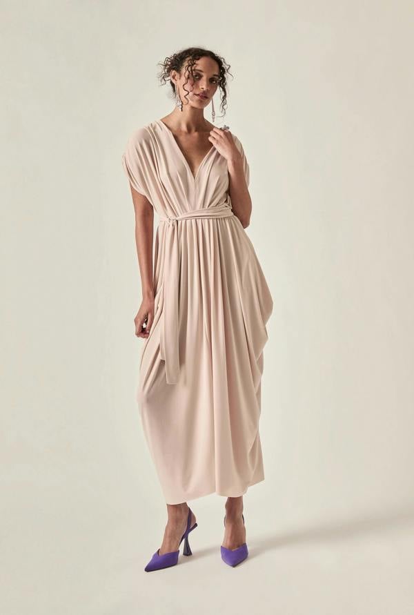 James Lakeland Draped Open-Back Midi Dress – Taupe