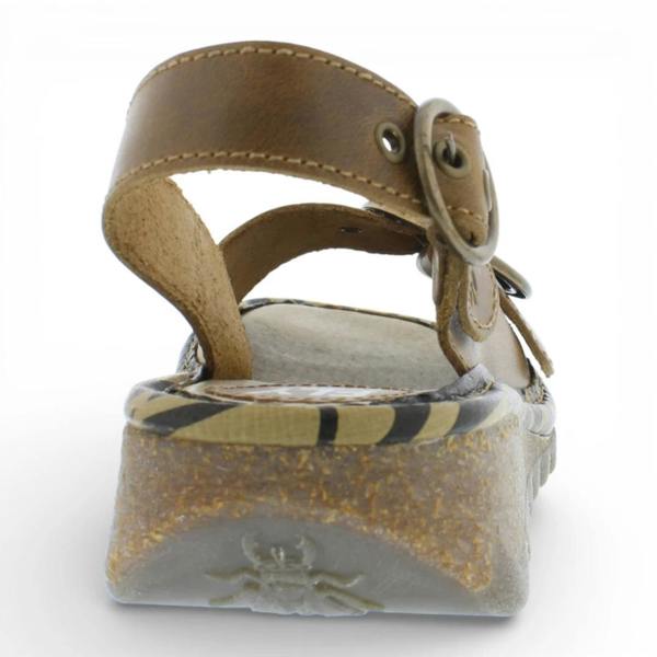 Fly London TRAM723FLY - Women’s Camel Brown Leather Wedge Sandals
