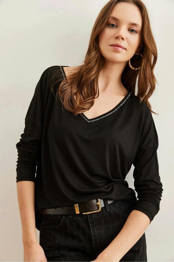 Hoxton Gal V-Neck Viscose Blouse with Silver Stitching Details