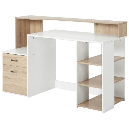 Wyld Haus Niledi 137cm Wooden Oak Large Office Desk With Shelves Drawers And Printer Stand