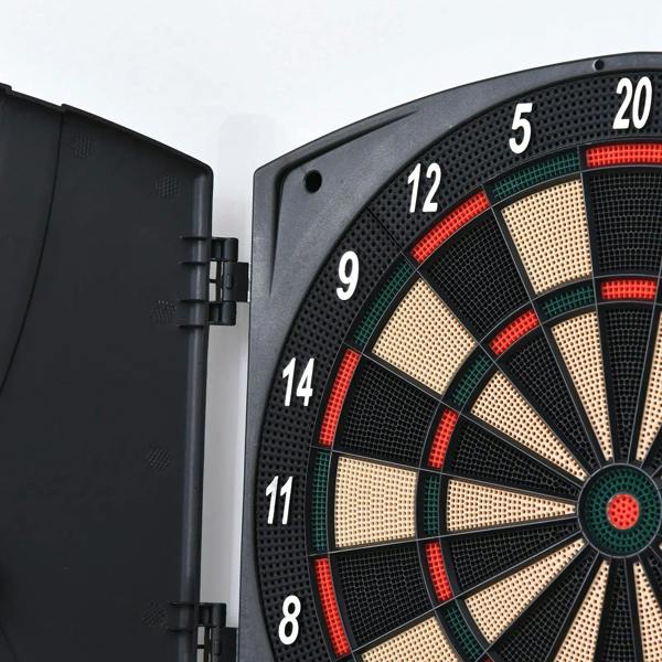 Black dartboard face with numbered rings and hinged side cabinet, close-up