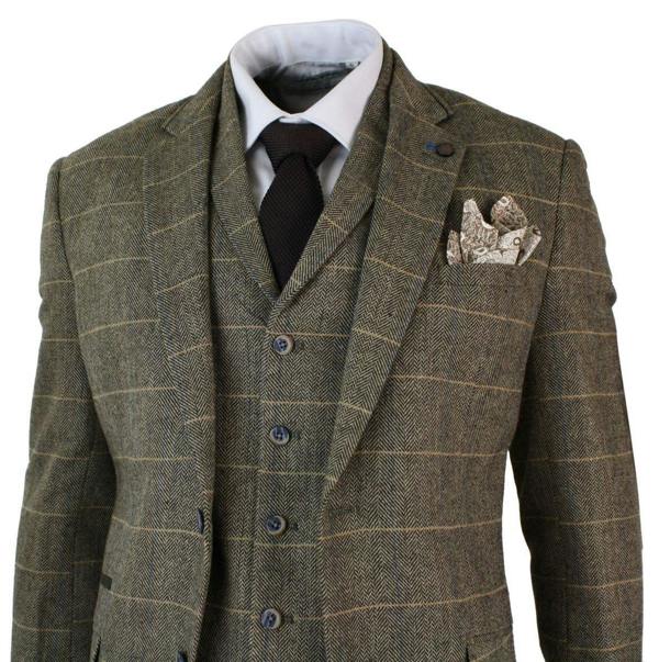 House of Cavani Mens 3 Piece Tan Brown Check Tweed Herringbone Vintage Classic Suit