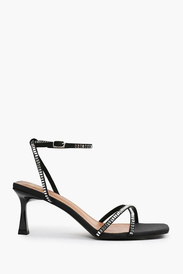 Where's That From Blair Square Toe Low Block Heel With Diamante Cross Over Strap Detail in Black Satin