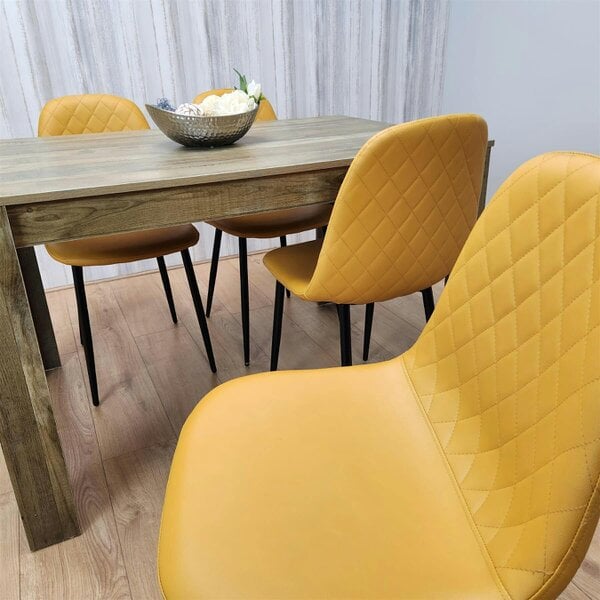 Kosy Koala Dining Table and 4 Chairs Rustic Effect Table with 4 Mustard Gem Patterned Chairs