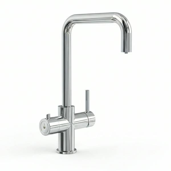 Chrome boiling hot water tap on a white background