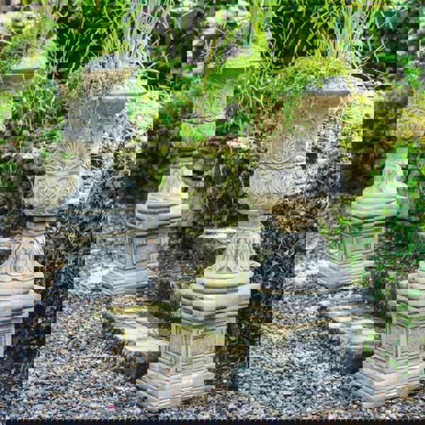 Pair of Large Victorian Stone Cast Urns with Plinths