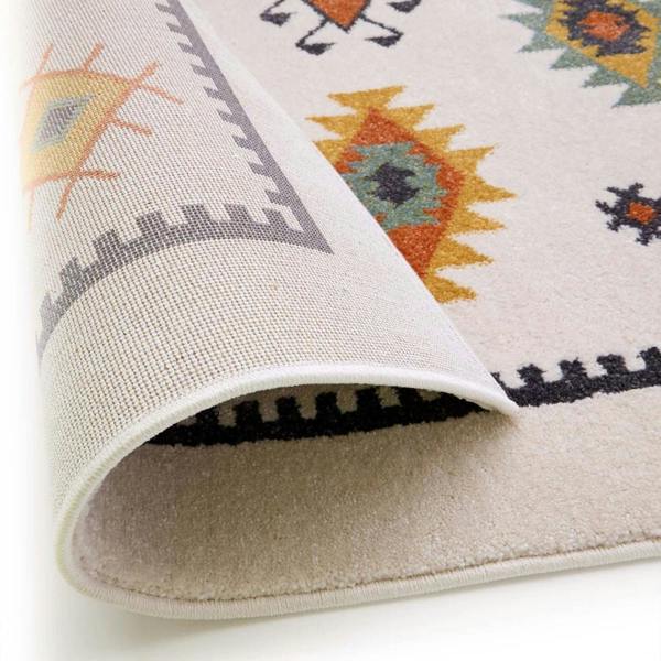 Close-up of a patterned rug with geometric designs on a white background