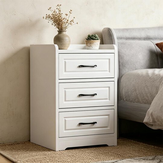 Havendro 3 Drawer Bedside Cabinet, White Chest Table, Solid Wood Bedroom Furniture