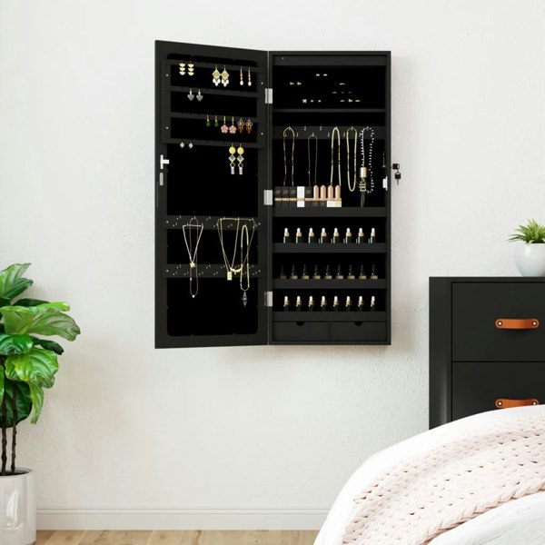 Berkfield Mirror Jewellery Cabinet with LED Lights Wall Mounted Black