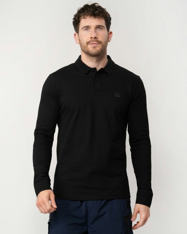 BOSS Orange Passerby Mens Long Sleeve Stretch-Cotton Polo Shirt with Logo Patch NOS - Black 001
