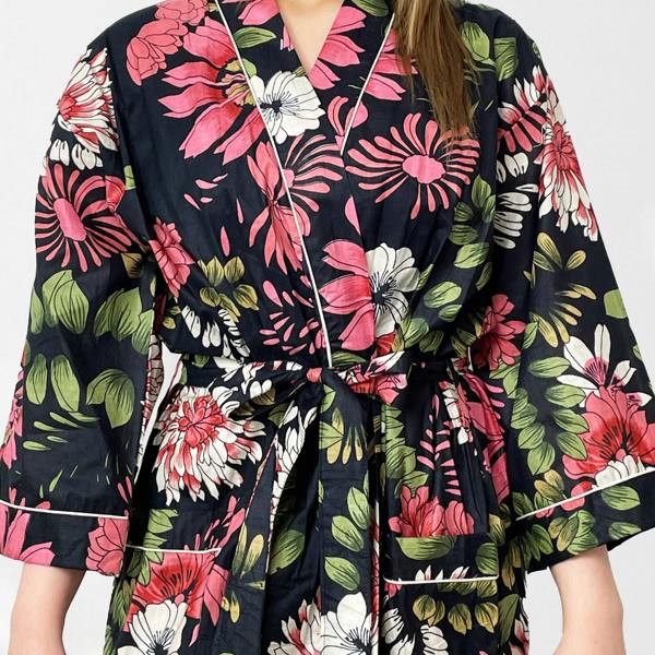 Hayley & Co Black and Pink Flower Print 100% Cotton Dressing Gown