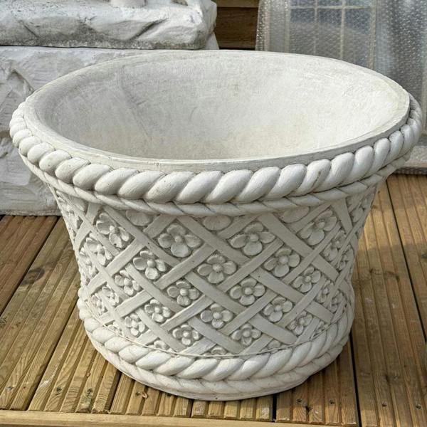 PDA Large Round White Stone Cast Wicker/Flower Design Planter Pot