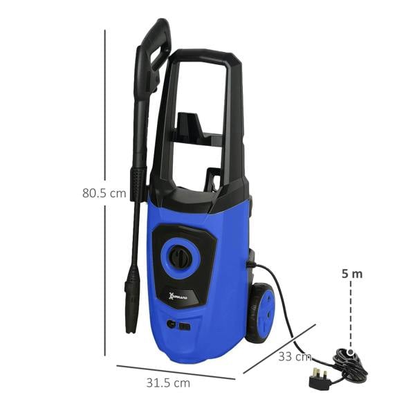 Blue portable pressure washer with black frame handle, wheels, wand, and accessory nozzle
