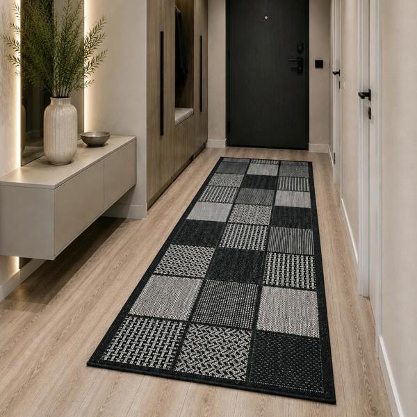 Non-Slip Black Rug Flat Weave Checkered Kitchen Dining Room Living Room Area Mat