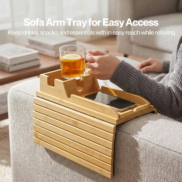 Levede Sofa Arm Tray Table 2 in 1 Bamboo Couch Armrest Organiser Cup Mug Holder