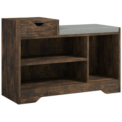 Wyld Haus Nata Wooden Rustic Brown Multi Compartment Shoe Bench With Grey Cushioned Seat