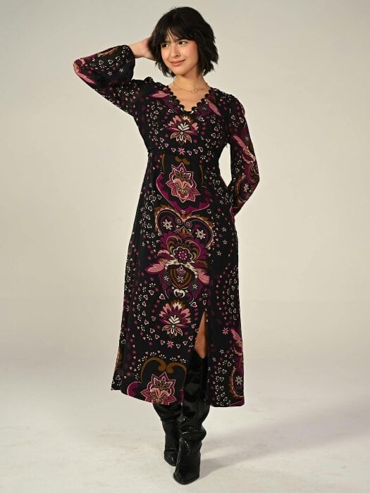 Rose & Nancy Annaline Black Pirnt Midi Dress