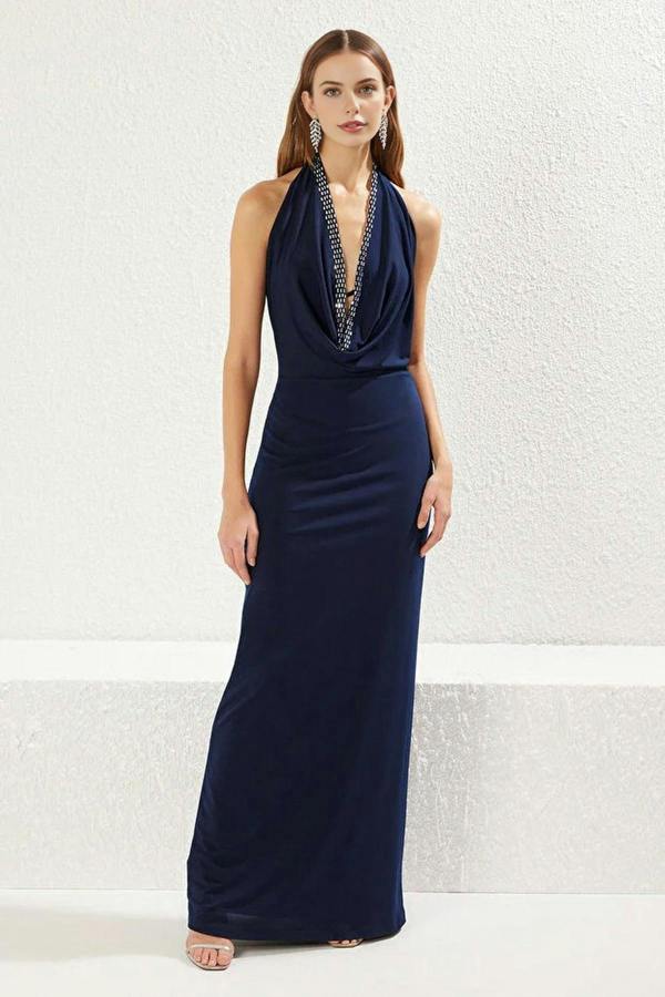 WOVCOR Cowl Neck Evening Dress with Shiny Stone Detail