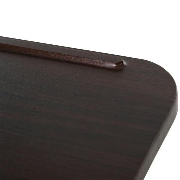 Brown wood tabletop with rounded edge and dark trim for over-bed table